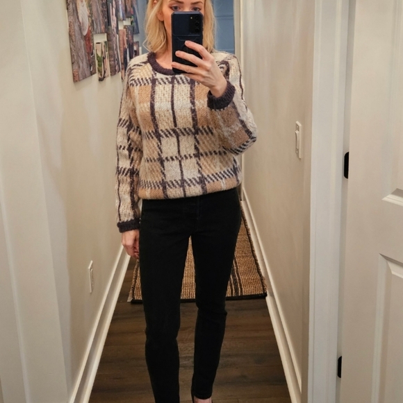 J.O.A Women's Tan Checkered Crewneck Mohair Wool Pullover Sweater SZ S - Picture 2 of 12